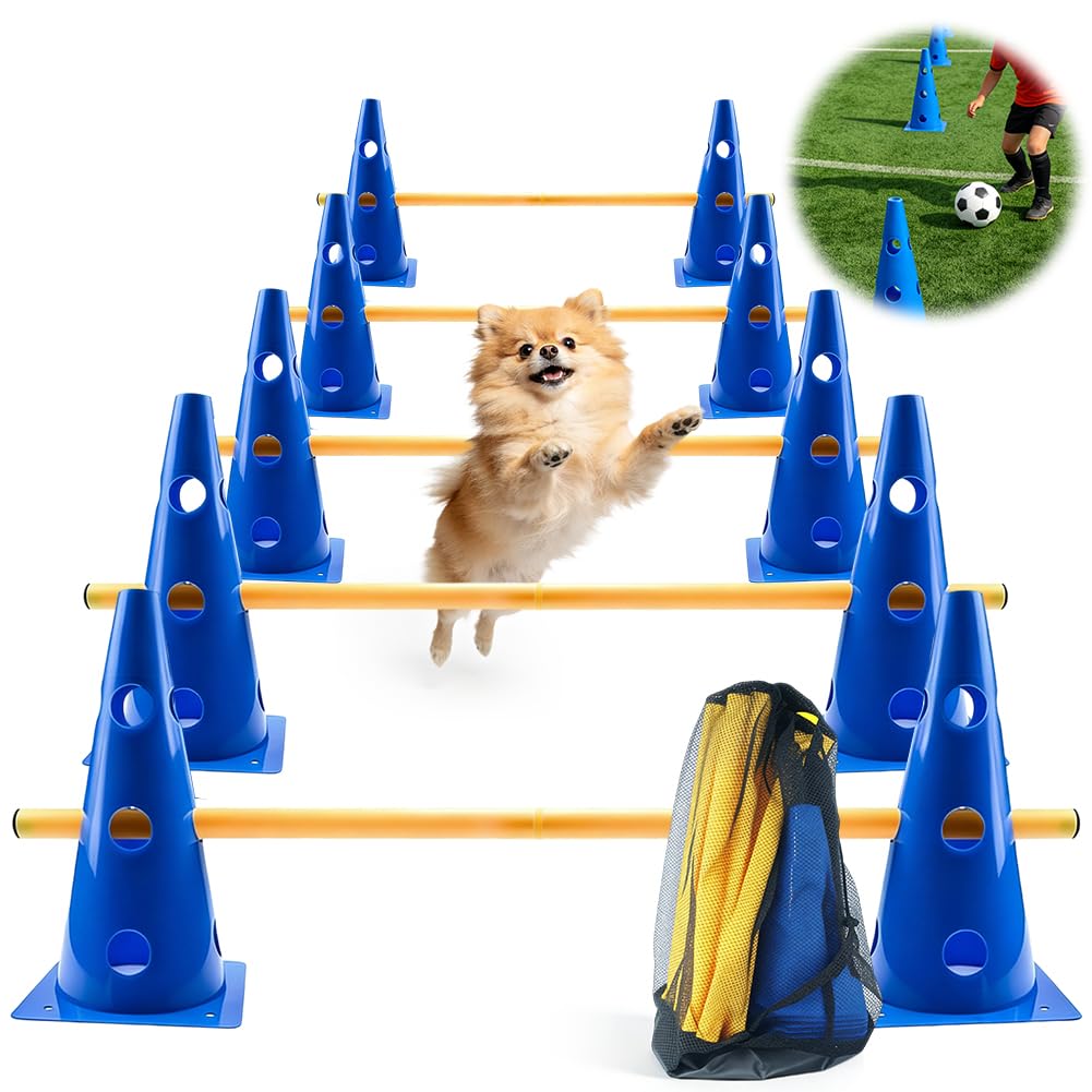 Agility - Juego de 10 conos y 5 barras de entrenamiento ajustables, juego de obstáculos para entrenamiento de coordinación, juego de obstáculos deportivos para niños, perros, deportes de equipo