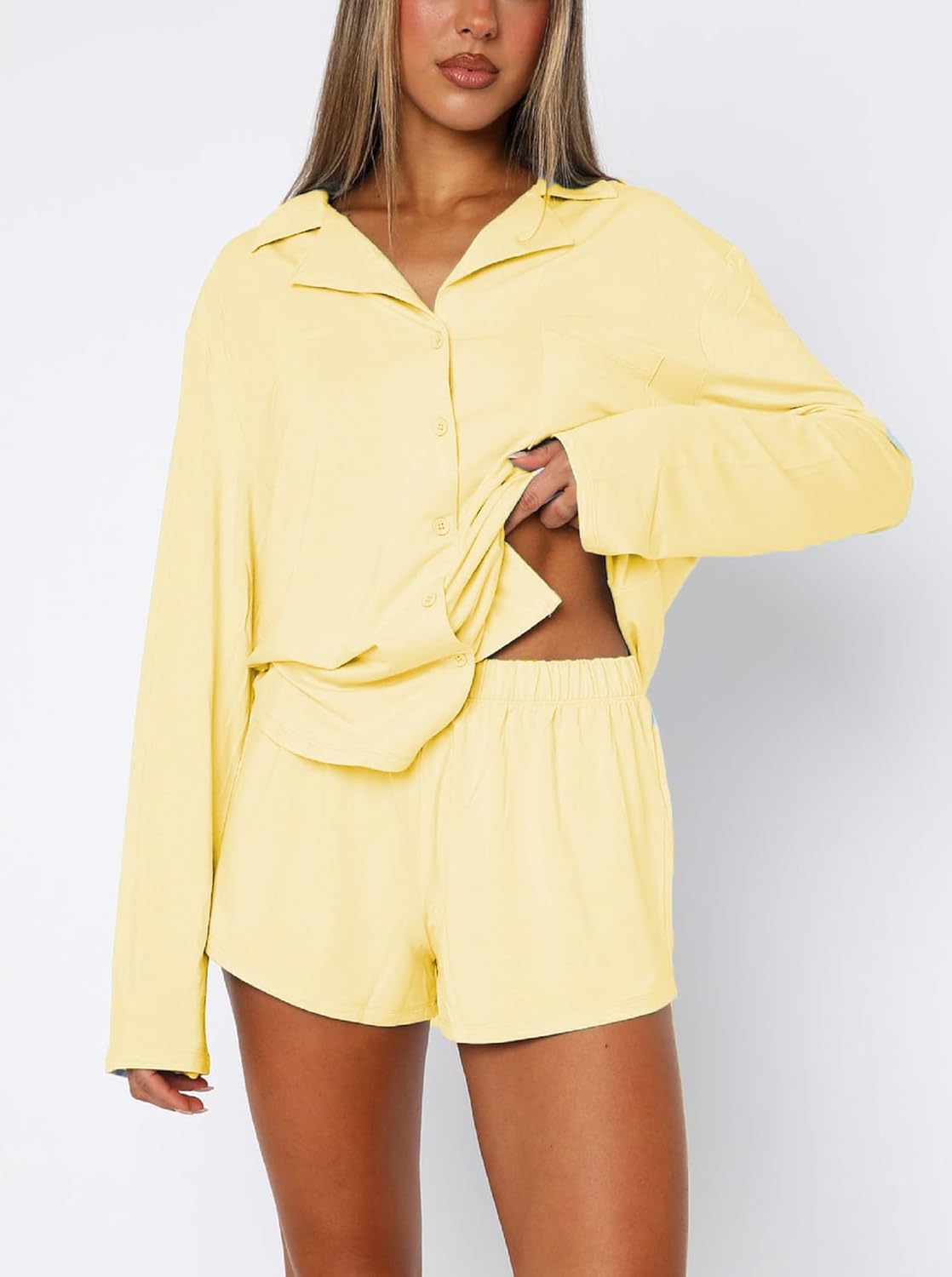 Yoawdats Women 2 Piece Button Down Pajamas Set Cotton Long Sleeve Shirt + Shorts Sleepwear Soft Pj Lounge Set Fall Nightwear - Image 2