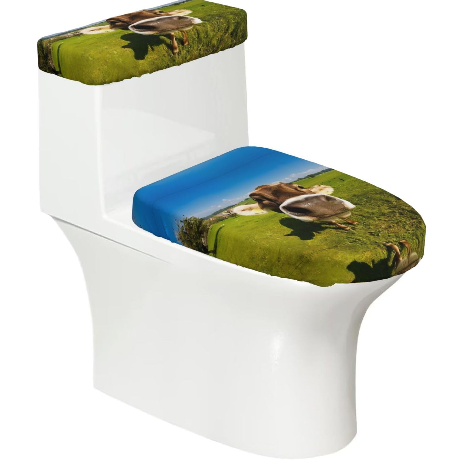 Wallpaper Desktop Cow 2-Piece Toilet Seat Cover Set with Tank Lid, Elastic Fit for U-Shape & Elongated Toilets, Bathroom Decor, Housewarming Gift