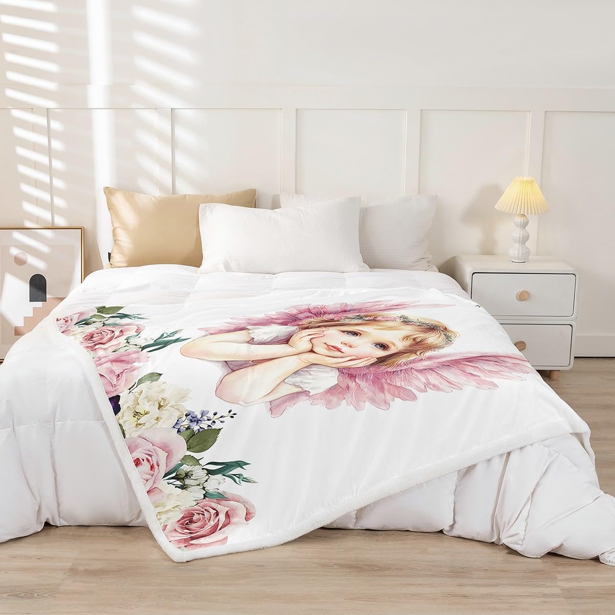 Angle Flannel Fleece Blanket,Watercolor Flower Super Soft Blanket for Bed Sofa Couch,Girly Princess Bed Blanket for Bedroom Decor,Twin 60"x80"