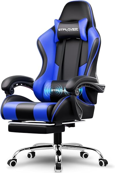 GTPLAYER Gaming Chair, Computer Chair with Footrest and Lumbar Support, Height Adjustable Game Chair with 360°-Swivel Seat and Headrest and for Office or Gaming (Faux Leather, Blue)