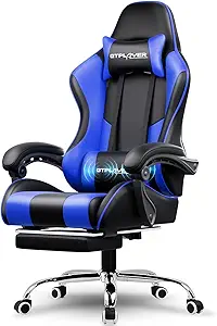 GTPLAYER Gaming Chair, Computer Chair with Footrest and Lumbar Support, Height Adjustable Game Chair with 360°-Swivel Seat and Headrest and for Office or Gaming (Faux Leather, Blue)