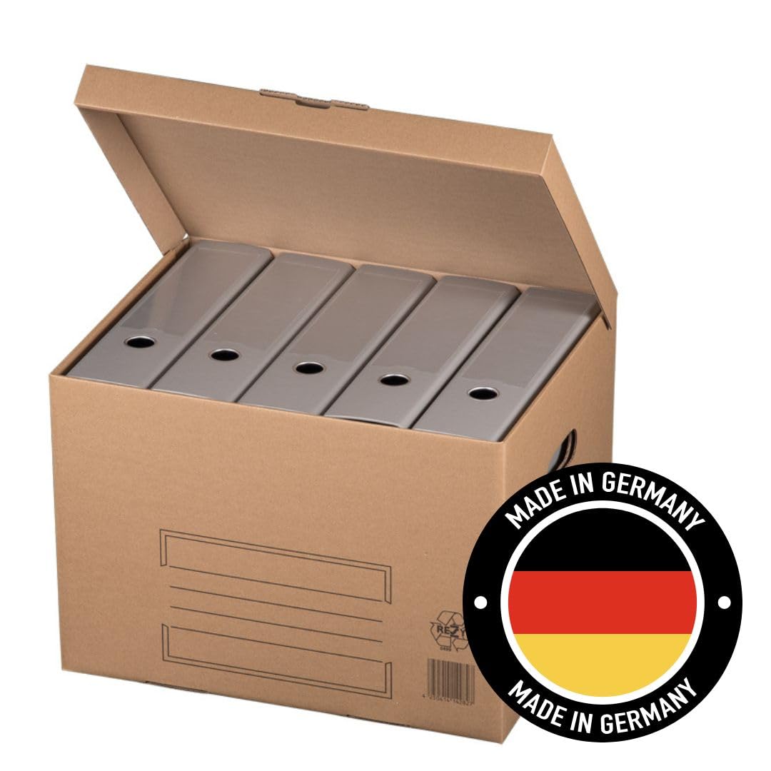 10 Stück Archivkarton mit Klappdeckel Aufbewahrungsbox aktenordner mit Tragegriffen. Archivboxen Aktenkarton für je 5 große A4 Aktenordner. Aufbewahrung mit Deckel. Aktenablage Archivbox.