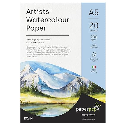 Artists' Watercolour Paper 200GSM Cold Pressed A5 Pack of 40 for Watercolour, Gouache, Ink, Acrylic, Wet & Mixed Media, Art Painting, Drawing for Artists' & Amateurs