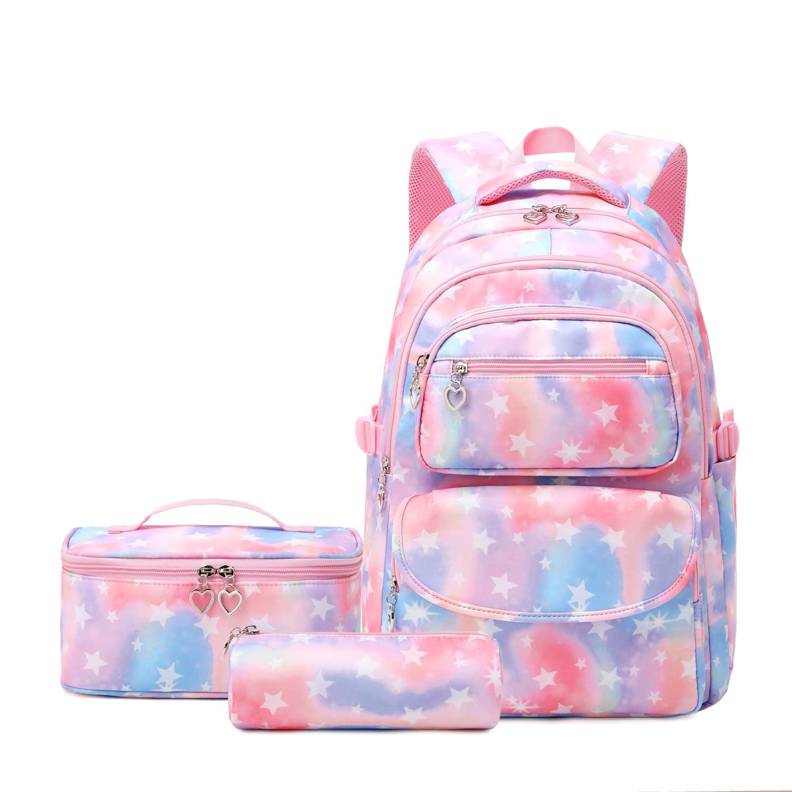 Tanou Mochilas Escolares Niña, 3 Piezas con Bolsa Térmica Estuche, 24 Litros Mochila Escolar para Primaria Secundaria, Mochila Colegio para Niñas de 8-14 Años, Estrella Rosa