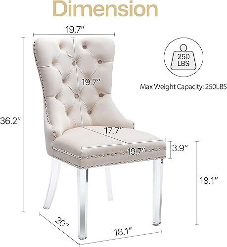 Miniatura 3 de Homedraft Nikki Collection - Juego de 2 sillas de comedor de terciopelo con patas acrílicas y anillo de tracción, silla auxiliar de lujo con ribete