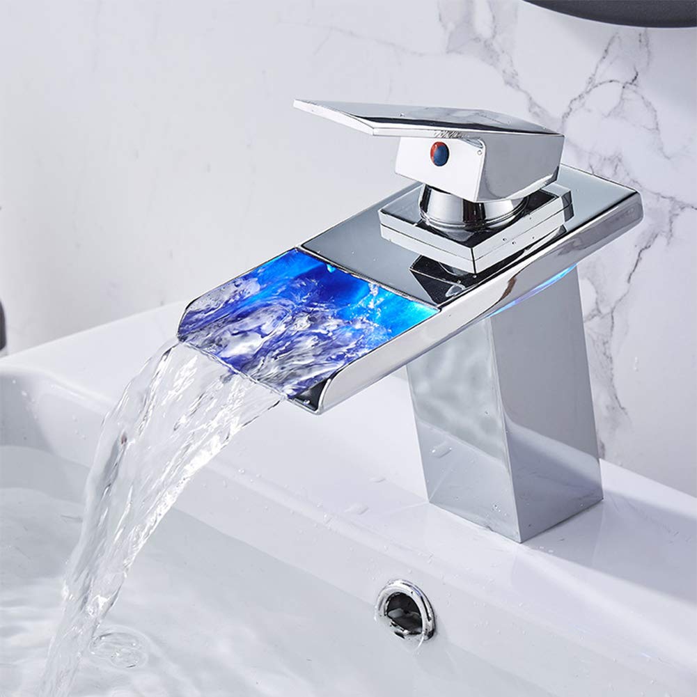 CZYWKDDPP Basin Waterfall Tap, Bathroom Mixer Tap Modern LED Black Single Lever Countertop Hot and Cold Water Faucet, Copper Hole Washbasin Suitable for Toilet,