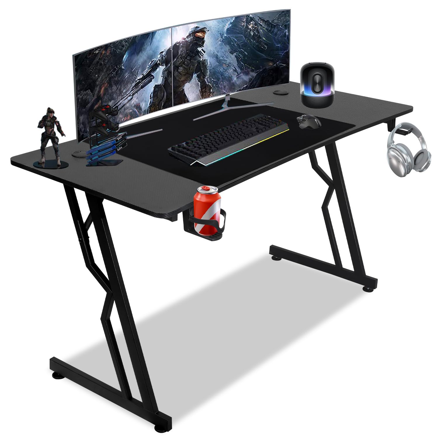 Scrivania da gioco, tavolo da gioco con LED 140 x 60 cm, tavolo a forma di Z con tappetino per mouse, tavolo per computer ergonomico per gaming con gancio per cuffie e porta bevande, tavolo