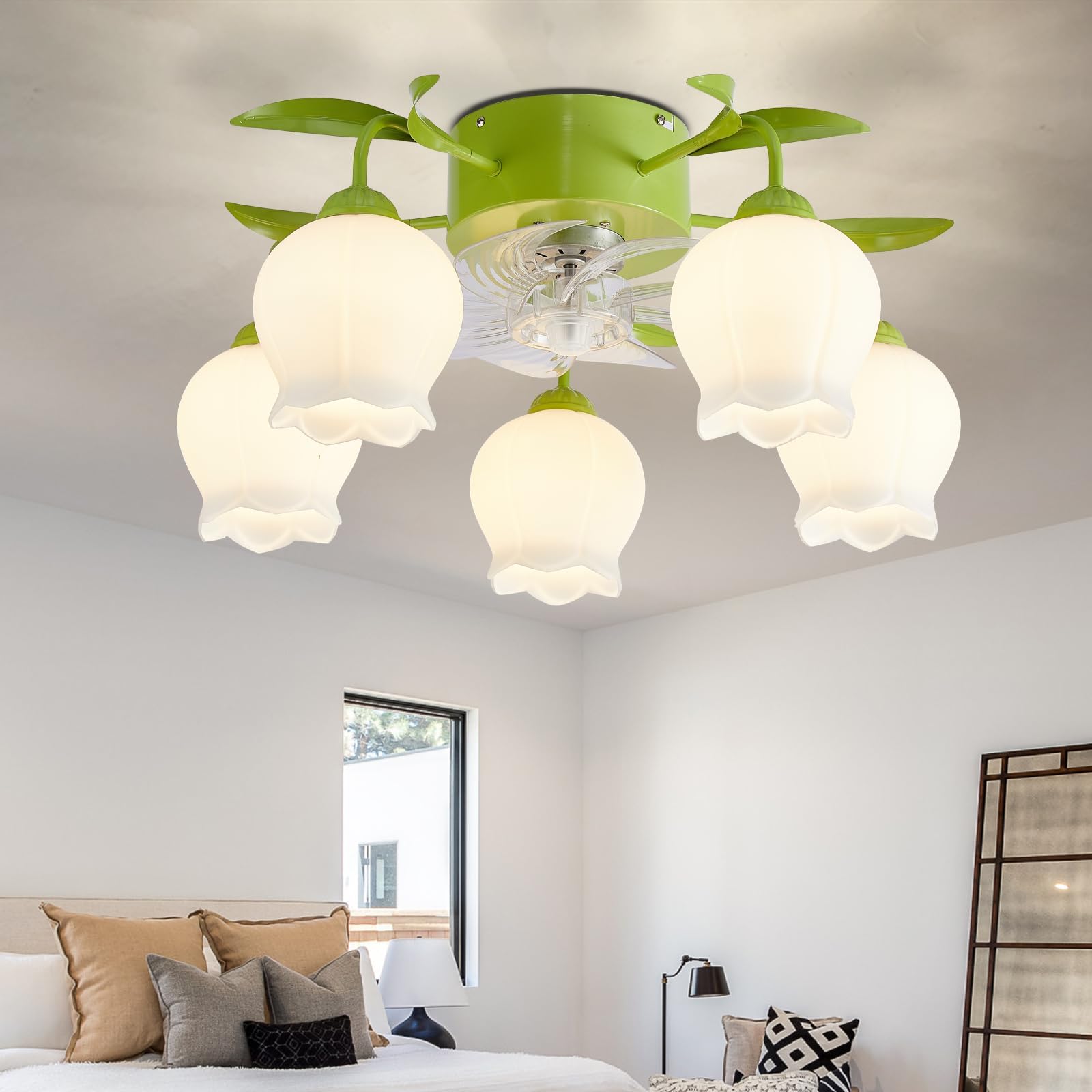DIGLED Flower Ceiling Fan with Light: 23.6 Inch Green Flower Fan