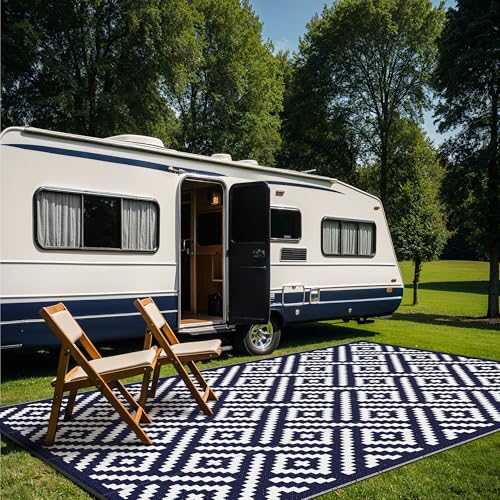 Image of GENIMO Outdoor Rug, Waterproof Plastic Rugs 9'x18' for Camping Blue White