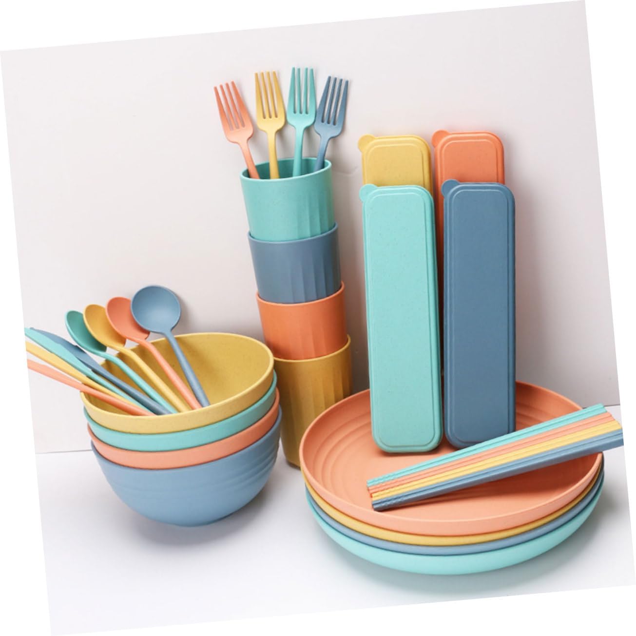 Sosoport 32-Piece Portable Wheat Straw Cutlery Set Microwave Safe Dinnerware Includes Bowls Plates Forks Spoons and Chopsticks for Outdoor Dining and Camping