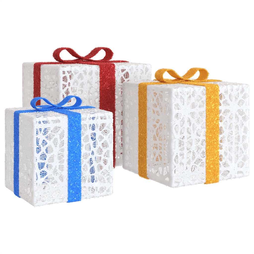 Set di 3 scatole regalo illuminate, 64 LED, luce bianca calda, decorazione natalizia con 8 effetti di luce, per interni, atmosfera festiva, risparmio energetico, alimentazione USB, diverse