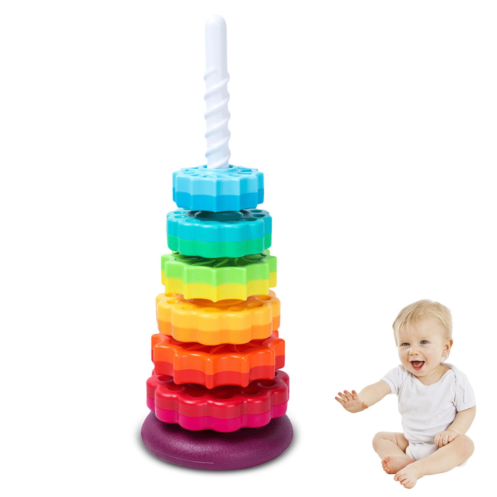 Torre di impilamento rotante – per | Lancer Anelli | Educativo | Bastone e 7 Anelli Inclusi | Giocattolo Sviluppo Motricità | Apprendimento Colori Forme