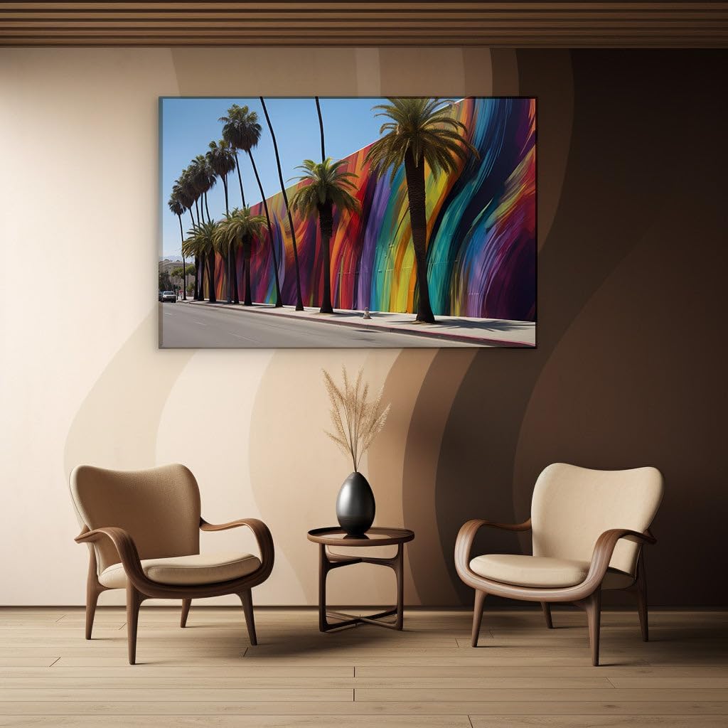 Canvas for Living room. Rainbow Splendor Meets Urban Serenity: A Mural That Captivates and Tranquilizes, 27 x 18 inch Canvas Wall Art - Ready to Hang - 69x46 cm (27x18 inch)