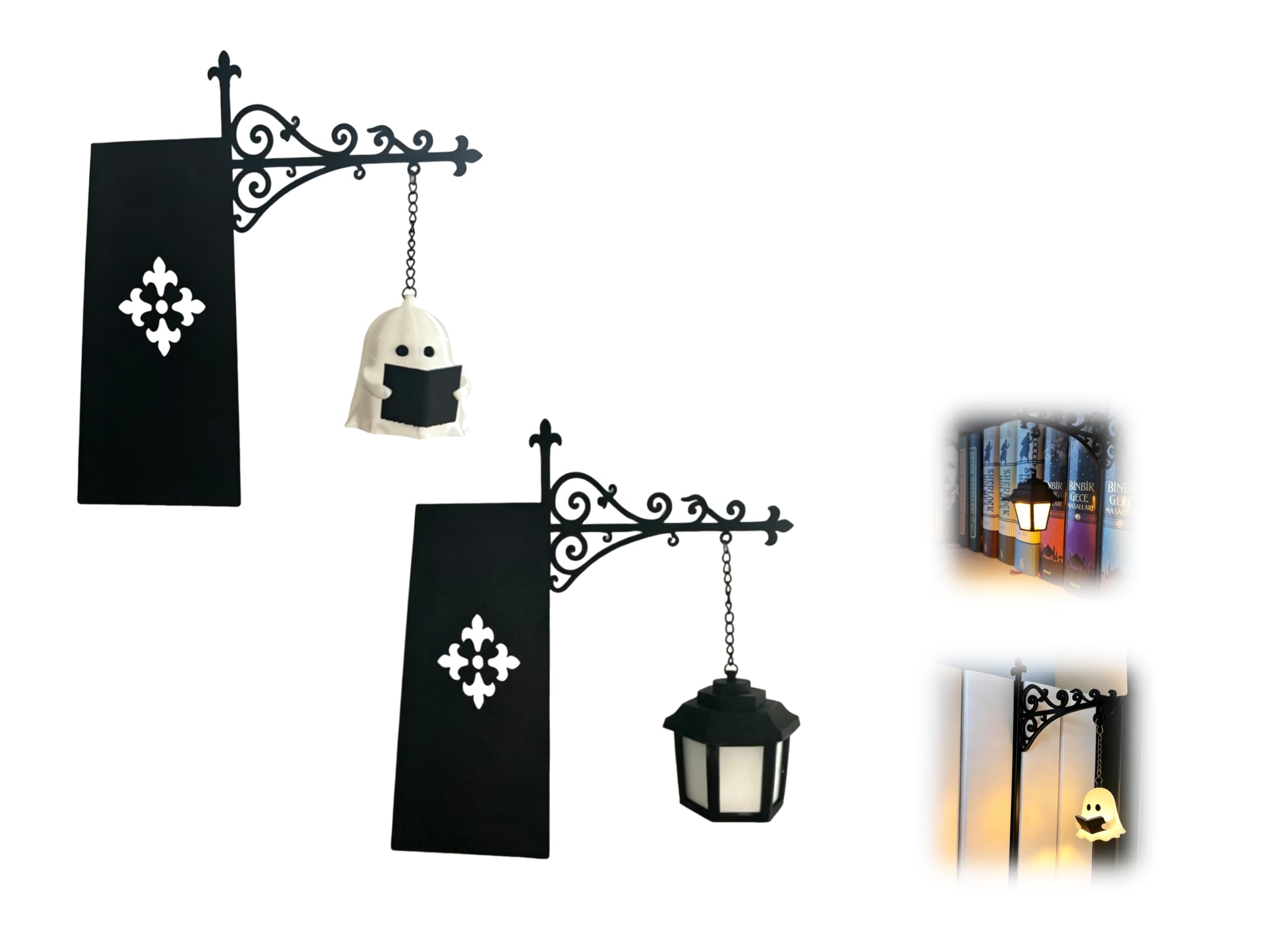 Library Lantern Decorative Bookshelf Lamp, Reading Book Shelf Lights for Bookworms, Antique Led Books Nook Lamp Ornament for Study Reading Corner, Gift for Book Lovers (1,Retro Lantern+Little Ghost)