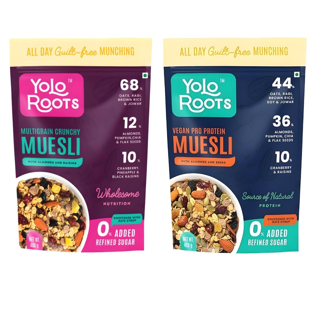 Yolo Roots Multigrain Crunchy Muesli 400g & VeganPro Protein Muesli 400g Combo, No Added Sugar, 16g Protein, Gluten Free, High Fiber Breakfast, Healthy Energy Food (Pack Of 2)