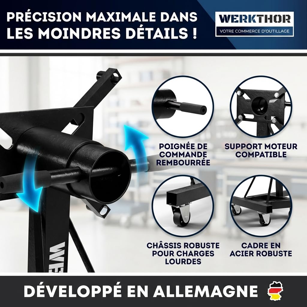 WERKTHOR Support Moteur Atelier 900kg | Support Moteur Rotatif 360° Extra Lourd | Support Moteur Professionnel Acier pour V8 Diesel Utilitaire