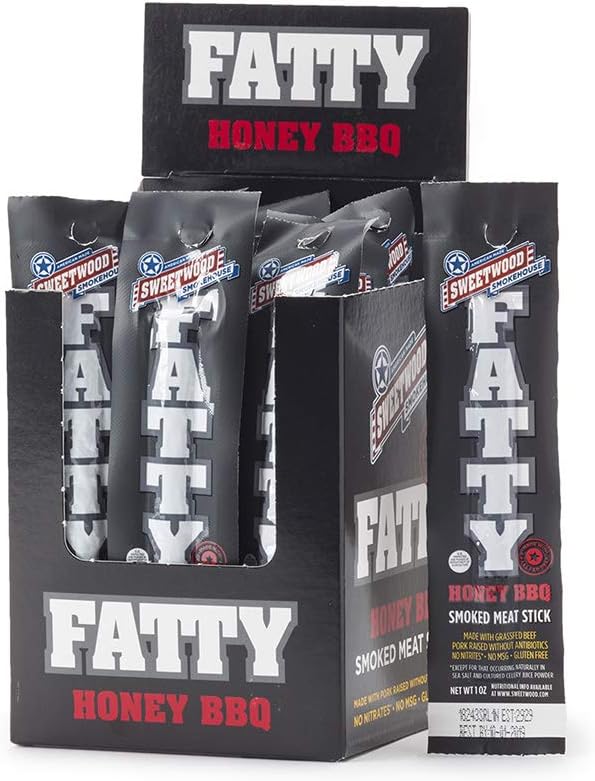 Sweetwood Smokehouse Fatty Meat Stick | Honey BBQ Flavor | 20 Pack | 1 oz Sticks | USA Grass Fed Beef, Antibiotic Free Pork | Paleo, Gluten Free, Slow Smoked Meat Snack | No Nitrites or Added MSG