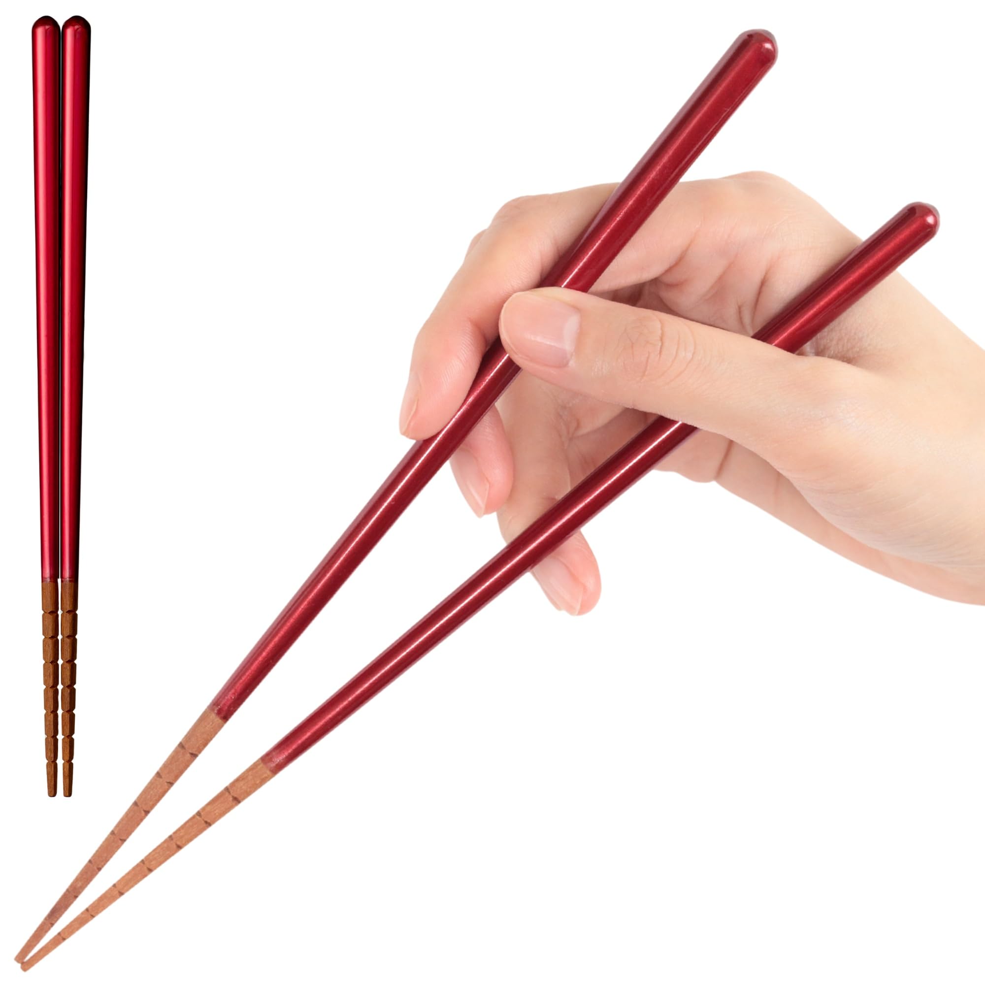 FlaColle Non-Slip Wooden Chopsticks Red 9in V-Spike Edge Made in Japan