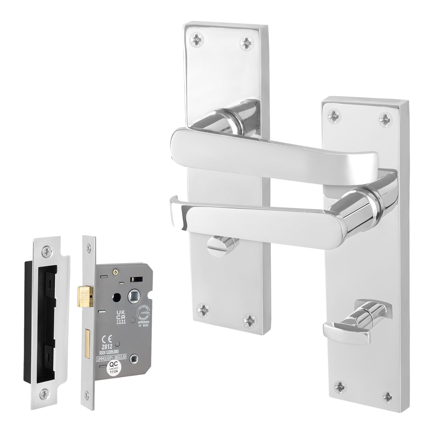 Eai Polished Chrome Chrome Victorian Door Handles, 1 Pair Of Internal Straight Bathroom Handles On Backplate Lock 64Mm