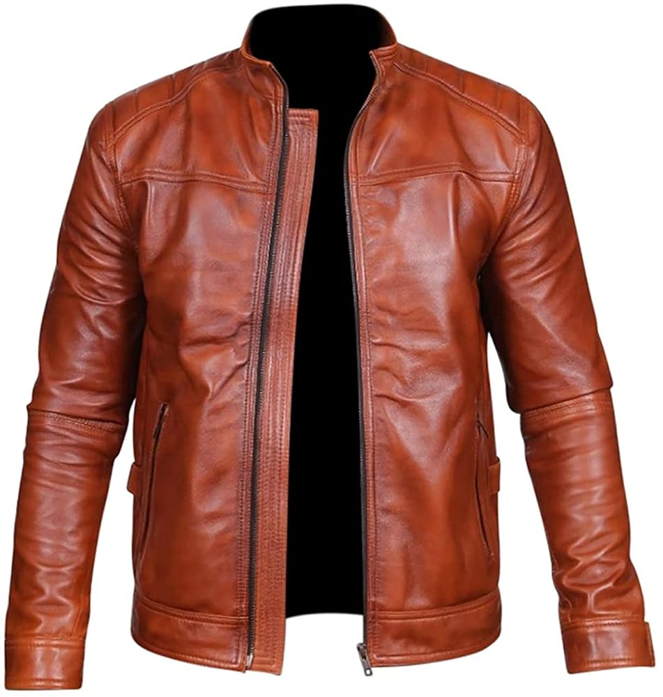 Mens Real Leather Biker Vintage Cafe Racer Motorcycle Brown