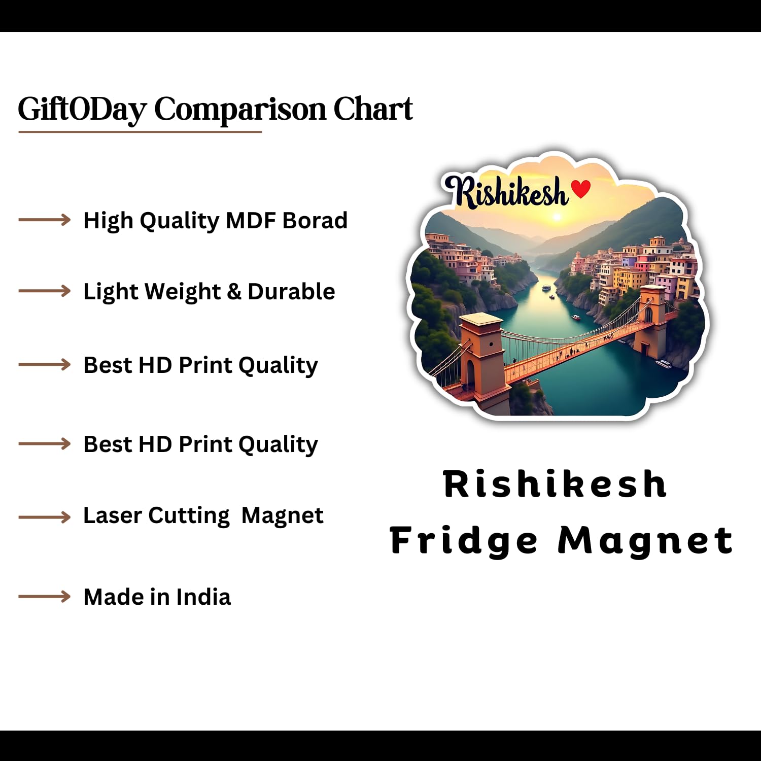 GiftODay Indian City Rishikesh Theme Souvenir Wooden Fridge Magnet for Refrigerator - Gujarat Printed Fridge Magnet for Kitchen & Home Decor | Perfect Souvenir Gift | Size 3x3 Inches | Pack of 1 3