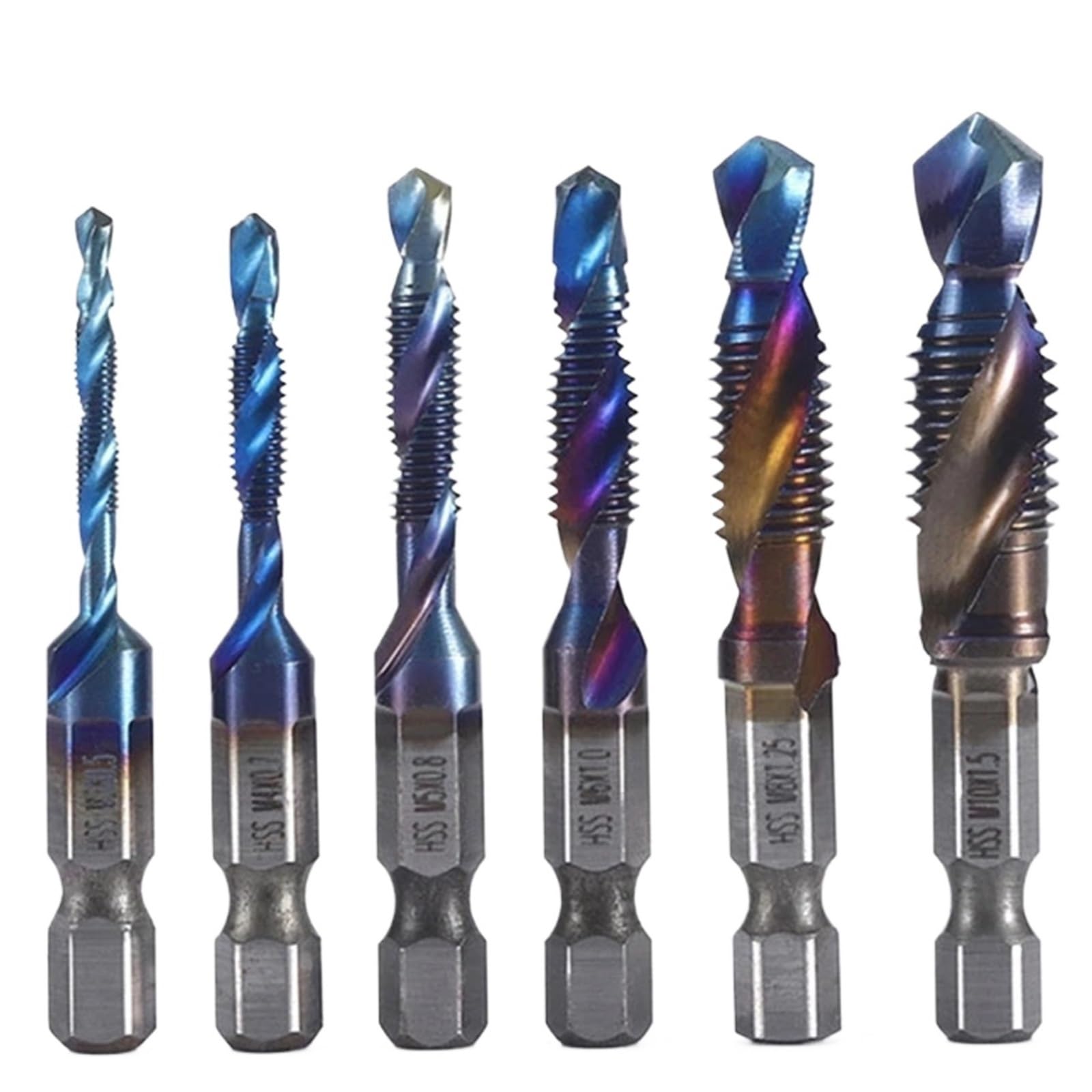 6pcs M3-M10 Screw Tap Drill Bits Hss Taps Countersink Deburr Set Metric Combination Bit High Speed Steel 1/4 in Quick Change Hex