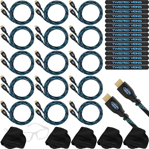 HDMI Cable 6 ft, 15-Pack, Premium Braided Cord, Includes 15 Microfiber Cable Ties and 5 Screen Cleaning Cloths, High Speed with Ethernet, Supports HDMI 2.0b 4K 60hz HDR and ARC