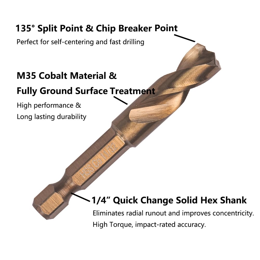 5PCS M35 Cobalt Stubby Drill Bit Set for Stainless Steel, Hard Metals & Cast Iron, with 1/4" Hex Shank for Quick Chucks & Impact Drivers, 5/32", 13/64", 9/32", 11/32", 3/8"