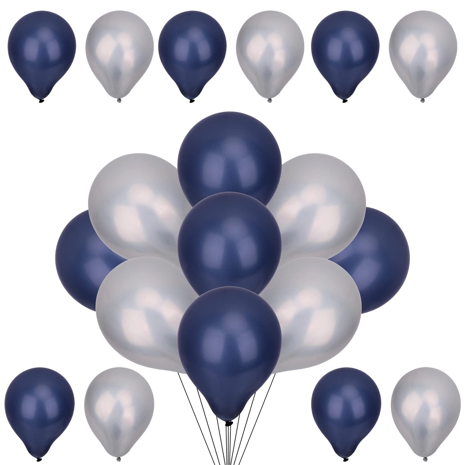WedDecor 10 Inch Shiny Silver & Navy Blue Metallic Latex Balloons 100 Pcs