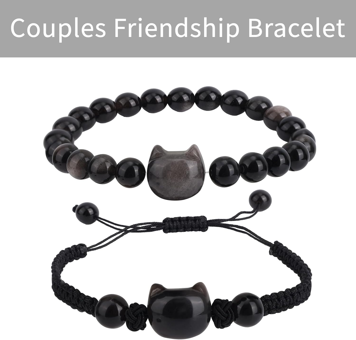 2pcs Cat Bracelet Set, Black Obsidian Beaded Bracelet Good Luck Adjustable Braided Rope Cat Jewelry for Men Women - Image 3