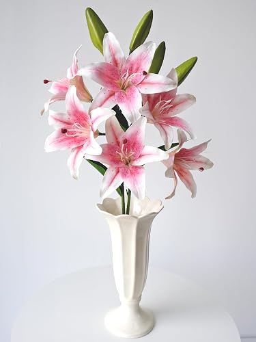 JINWOE 2 Pcs Pink Stargazer Lily Artificial Flowers, Long Stem 28" 6 Heads Artificial Lily Silk Flowers, Full Bloom Easter Faux Tiger Lily for Christmas Home Hote Tall Vase Arrangement Decor