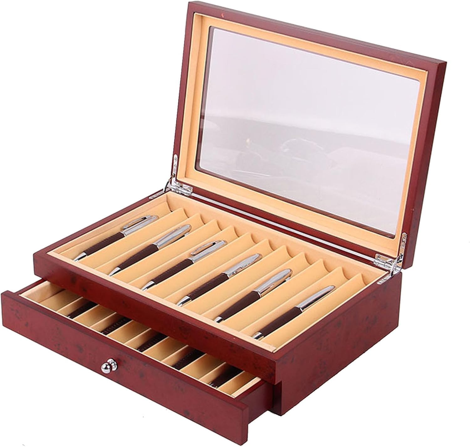 Wooden Pen Display Box,Pen Collection Display Case With Drawer & Glass Window,Large Organizer Box Wood Storage Collection For Man Father Boyfriend Husband (2 Layers-23 Slots)