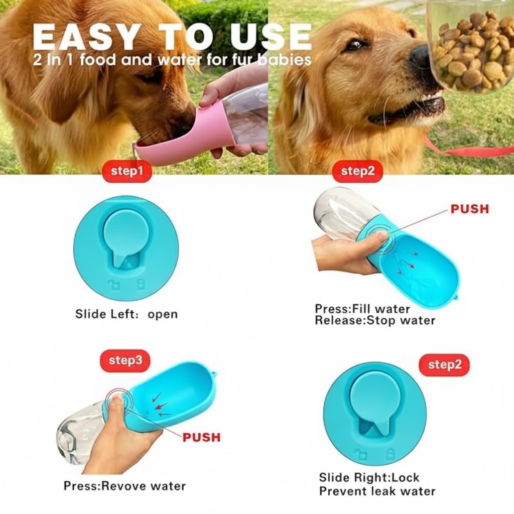 BePetMia Water Bottle Travel Portable for Dogs, Lid Can be Used as a Drinking Bowl, Dog Drinking Bottle in Silicone for Outdoor Use (Leaf - Blue, 580ml) 2