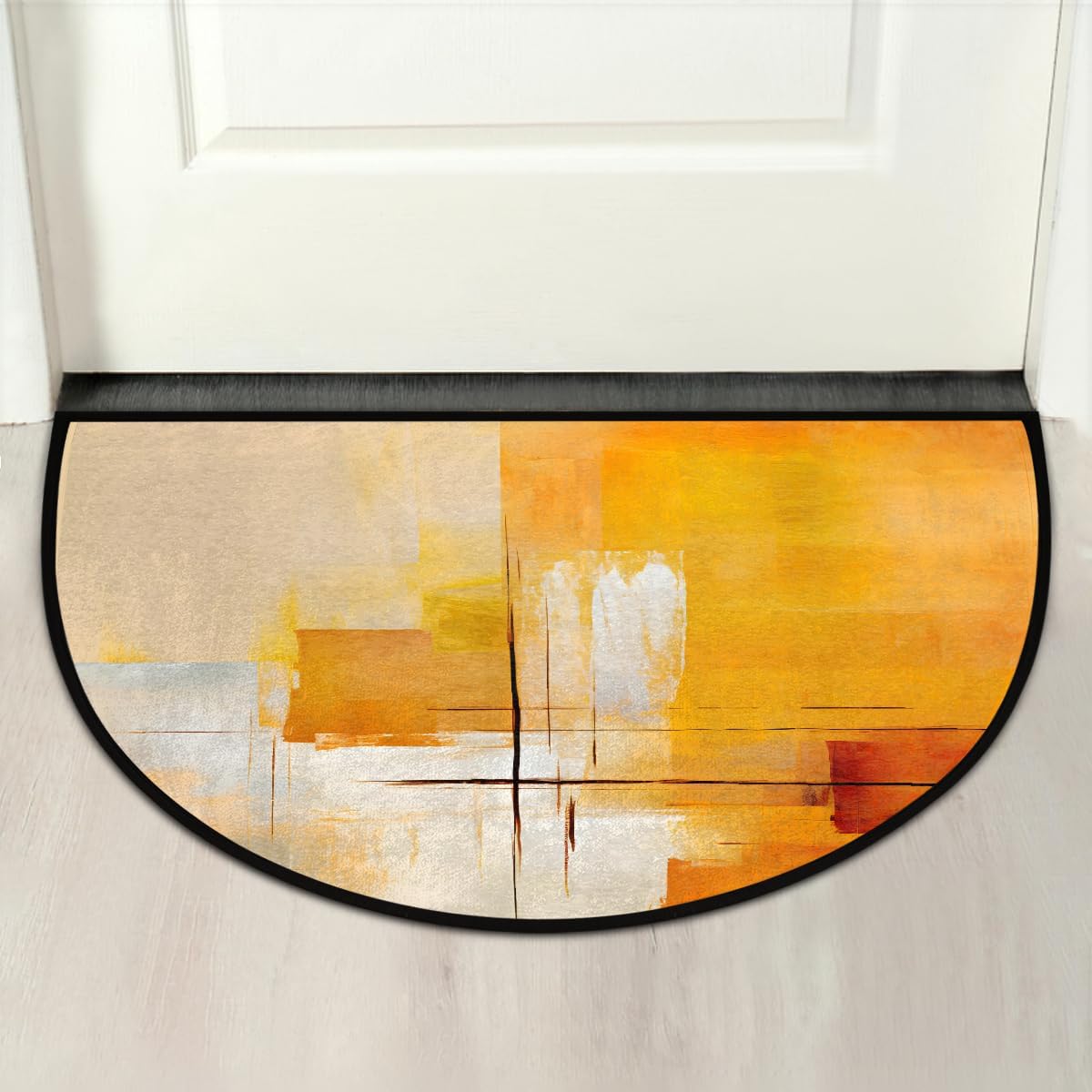 Half Round Door Mat Yellow Abstract Modern Half Moon Rug Washable Half Circle Area Rugs Indoor Entrance Non Slip Semi Circle Bathroom Rugs Floor Carpet for Kithen Bedroom Fireplace Decor