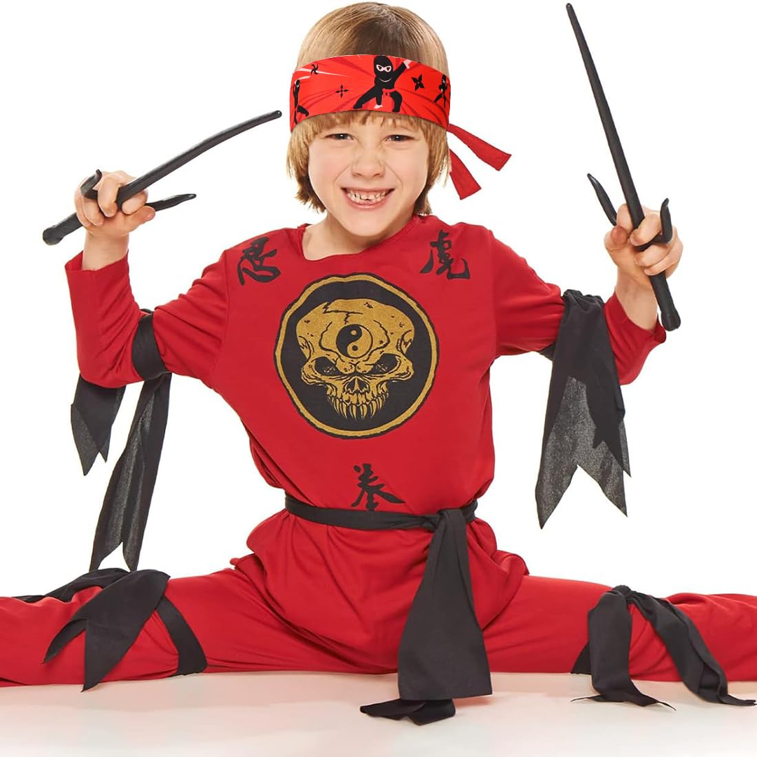 Lot de 4 bandeaux ninja - Accessoires de fête noirs et rouges pour enfants, karaté et fête d'anniversaire