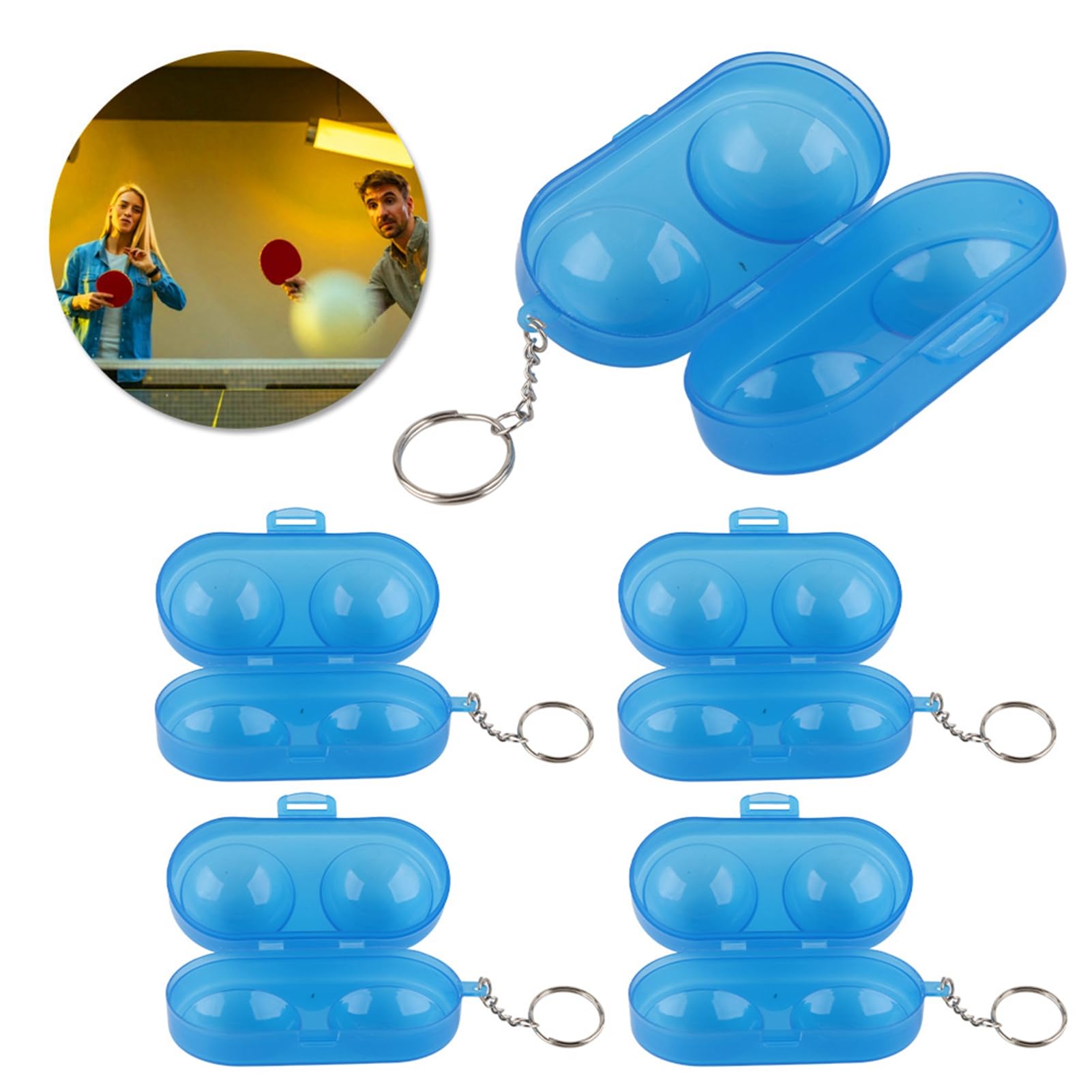 Caja de almacenamiento de pelotas de tenis de mesa portátil de plástico con cadena 5 piezas Azul transparente