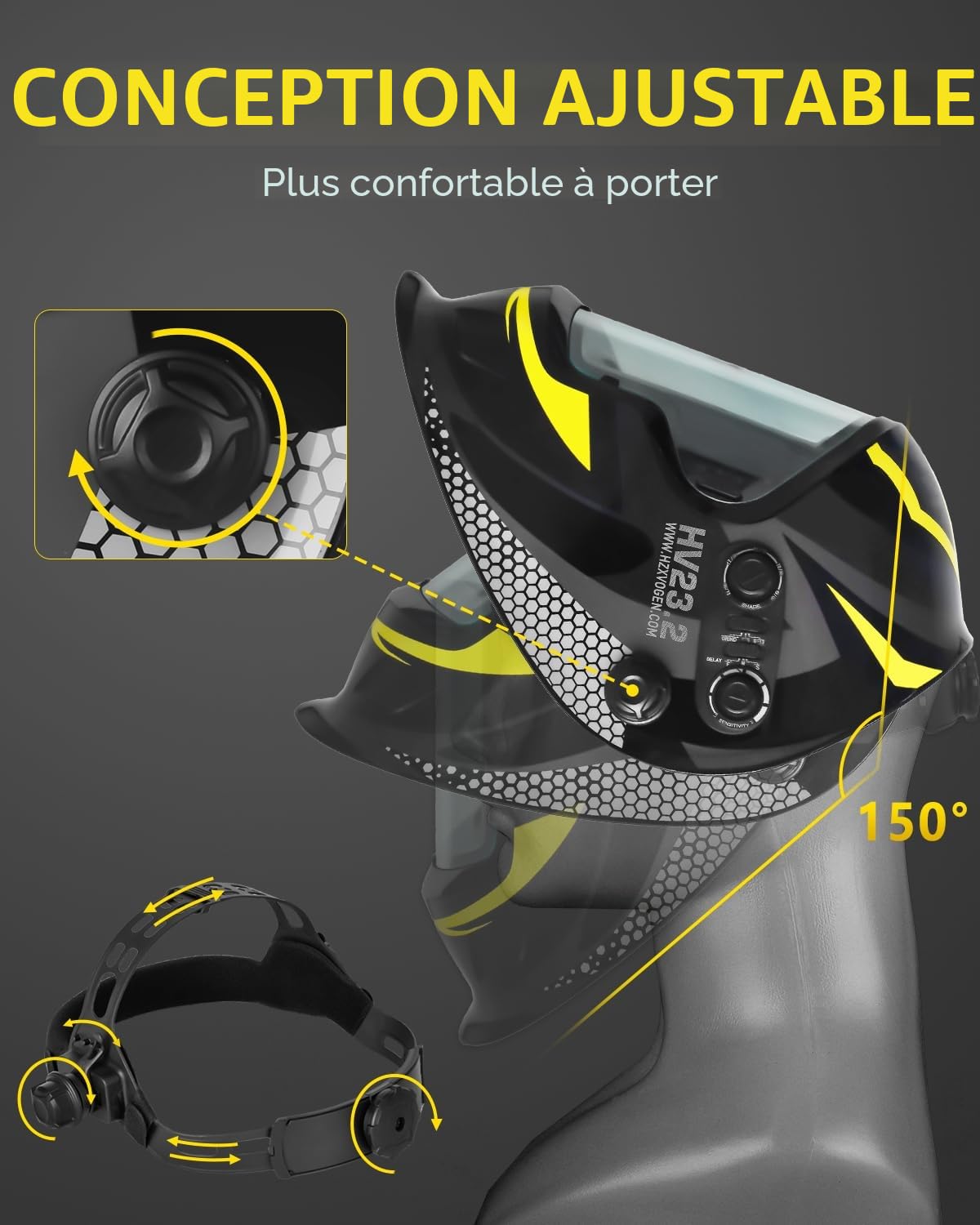 H HZXVOGEN Casque de Soudage Automatique, Alimenté par Solaire | Grande zone de Vision 3,94"x2,36",Lentille True Color, Classe Optique 1/1/1/2,DIN 4/5-9/9-13,Mode Meulage TIG/MIG/ARC