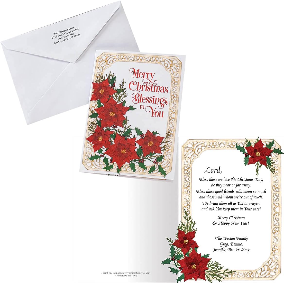 Fox Valley Traders Custom Poinsettia Collage Christmas Card Set of 20, Card & Front of Envelope Personalization w/Design