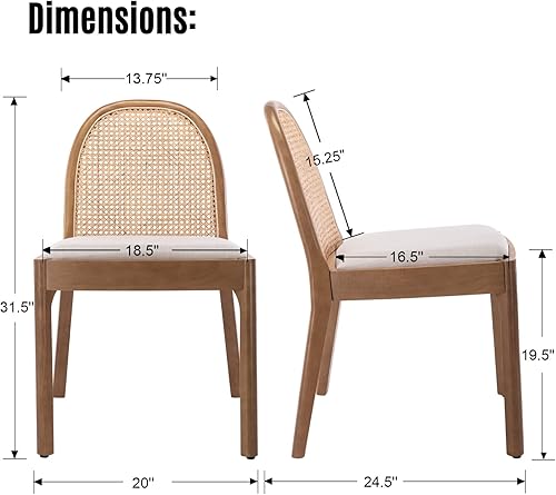 Miniatura 2 de LukeAlon Juego de 2 sillas de comedor de lino, sillas laterales de caña tejida natural con patas de madera maciza, sillas de comedor de mediados de
