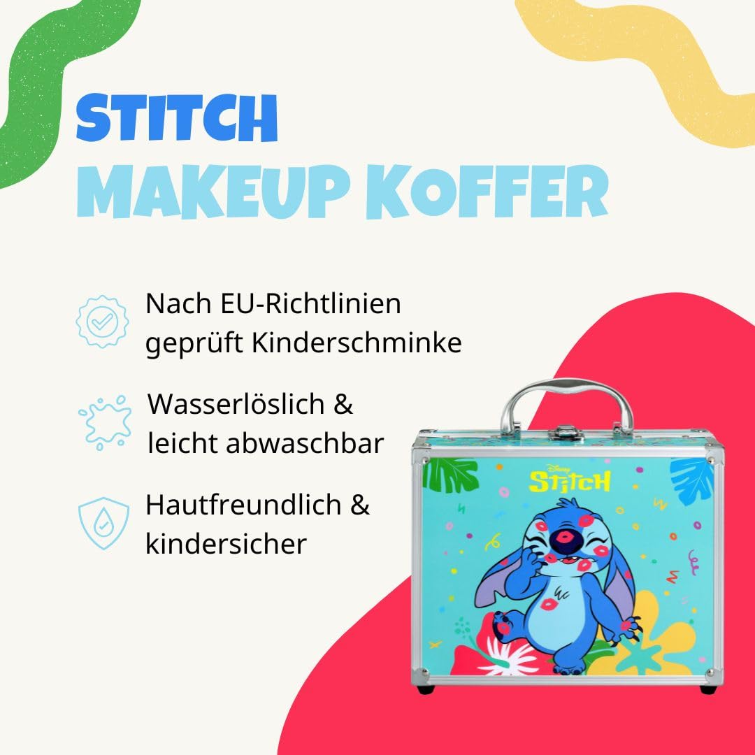 Stitch - Valigetta per trucchi apribile | Set da trucco XXL per bambini con lucidalabbra, ombretto, smalto, fard e accessori – Beauty case con specchio in design Stitch, adatta ai bambini