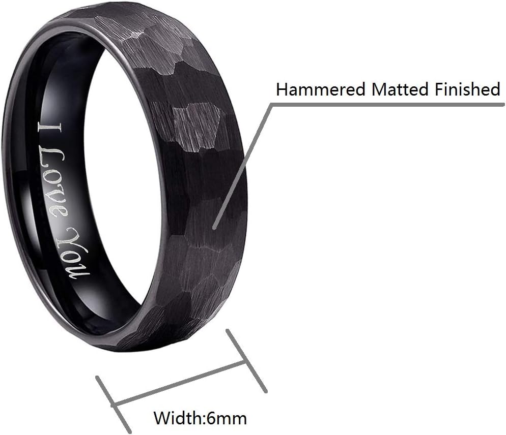 CROWNAL 6mm 8mm Black Hammered Tungsten Wedding Couple Bands Rings Men Women Matte Hammer Brushed Finish Engraved I Love You Size 5 To 17