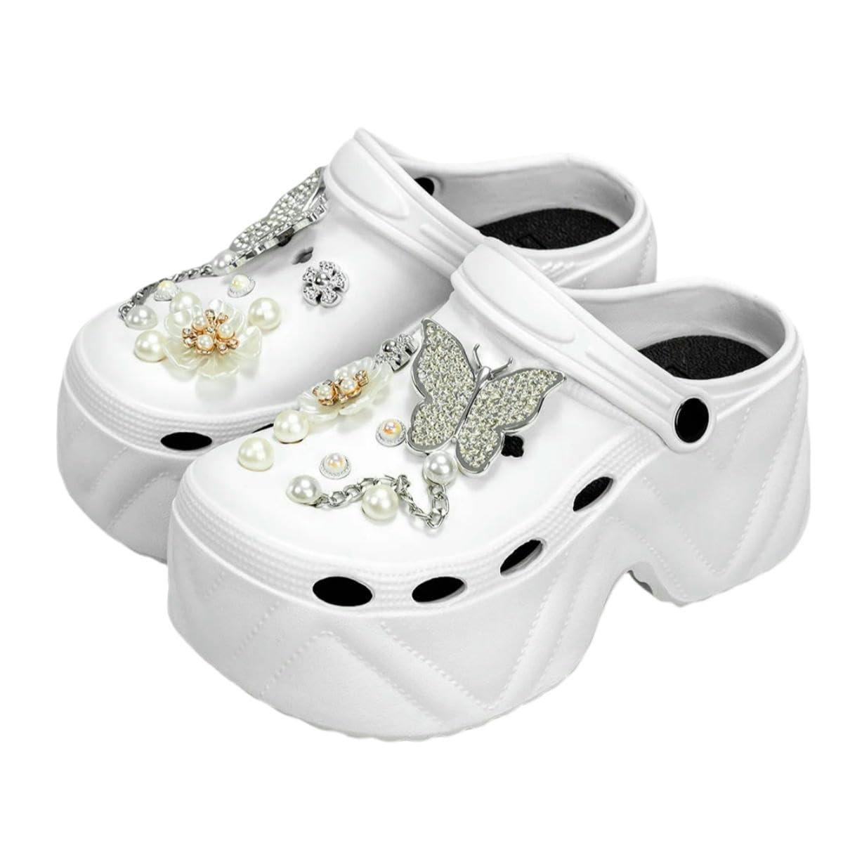 DMMWCX Women's Fashion Clogs Silver Butterfly High Heel Faux Leather Clogs Non-Slip Beach Slippers Sandals