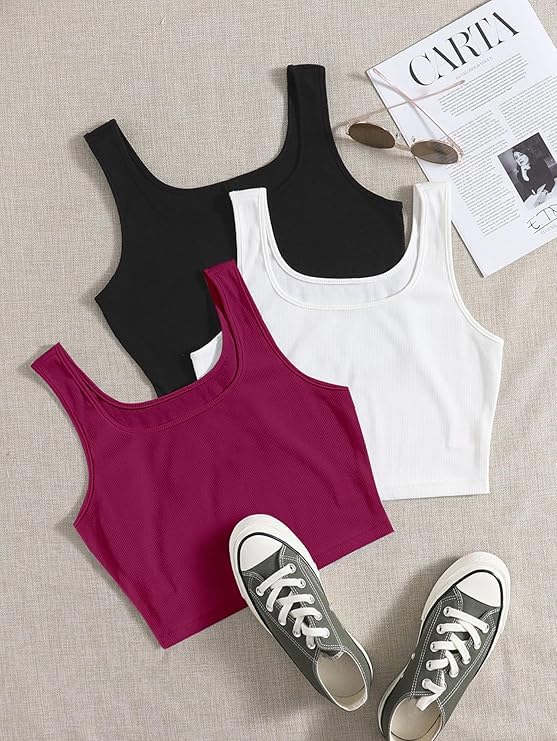 Image of Toochki Women's Knitted Sleeveless Solid Sqaure Neck Ribbed Tank & Crop Tops (Pack of 3)