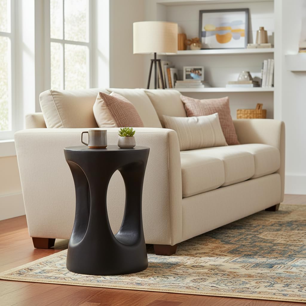 Christopher Knight Home Selina 20.25" H Lightweight Concrete Outdoor Side Table, Hollow Round-Shaped Patio End Table, MGO Outdoor Coffee Table, No Assembly Garden Plant Stand Indoor, Black