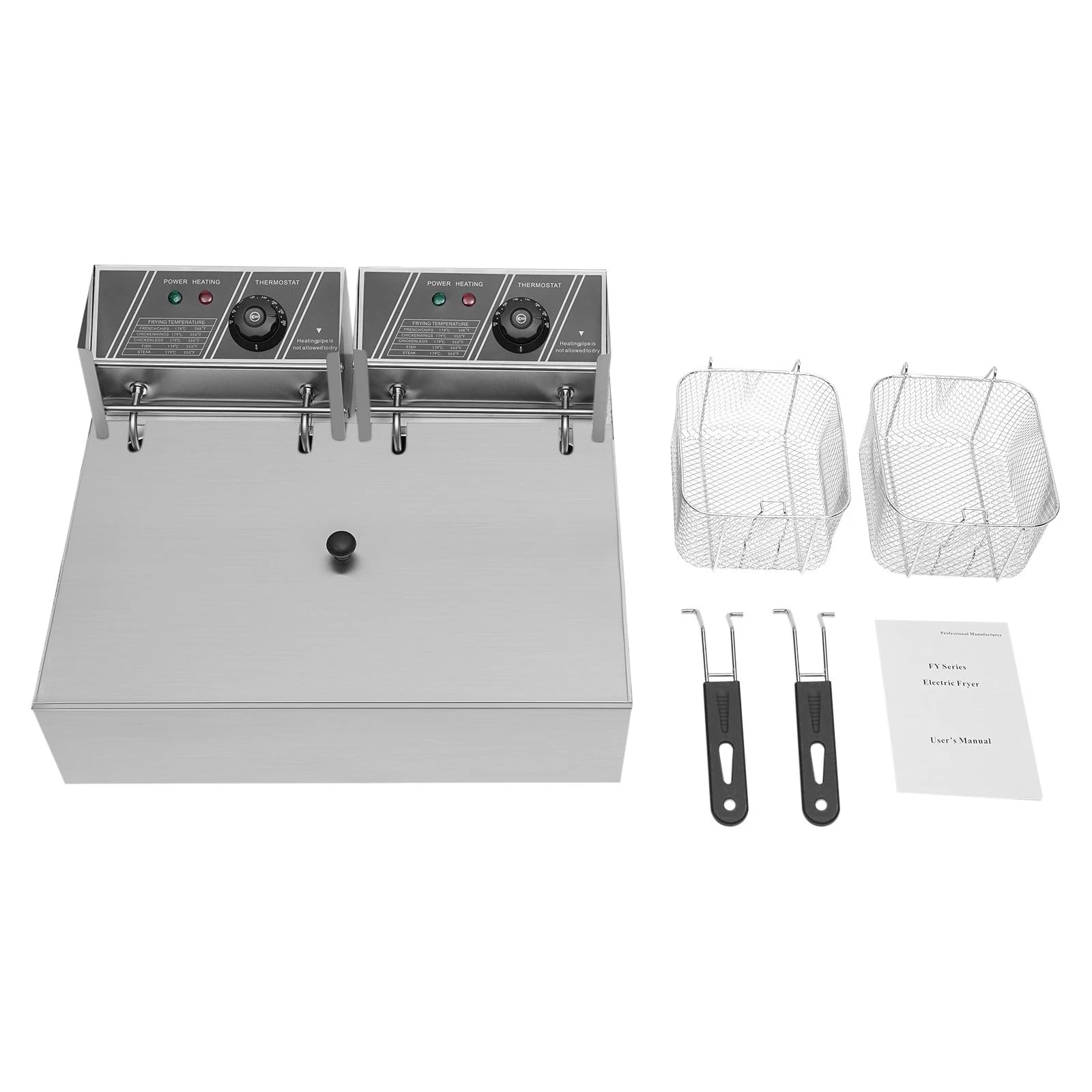Friggitrice Elettrica Commerciale 2 Vasche da 12 L 5000W Friggitrice ad Olio in Inox con 2 Cesti per Friggitrice e Tempo Regolabile 60-200 °C per Rondelle di Cipolla, Pollo fritto Snack Bar