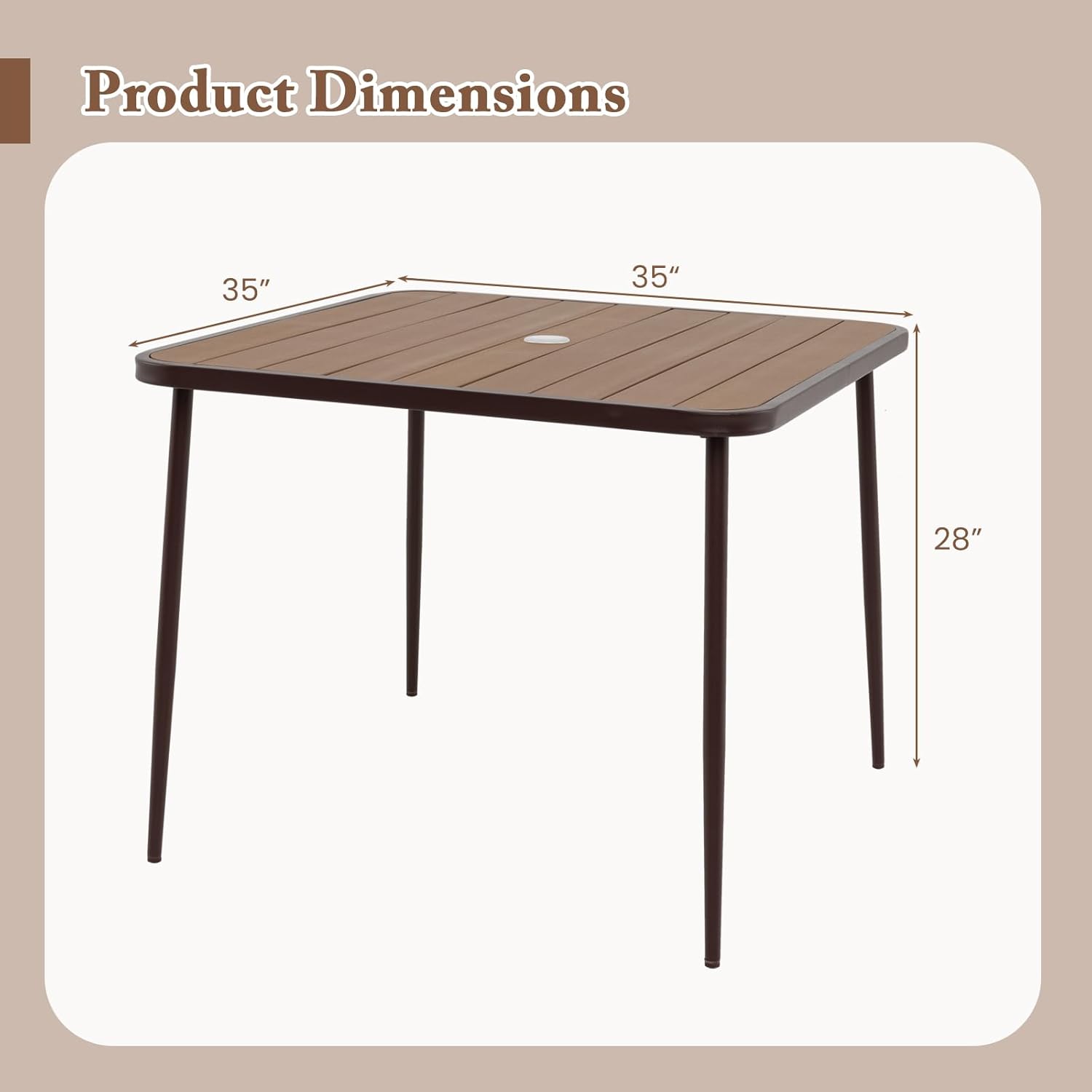 Tangkula 35-Inch Square Patio Dining Table, 4-Person Outdoor Dining Table with 2" Umbrella Hole, Wood-Plastic Tabletop & Metal Legs, Outside Table Bistro Table for Deck, Backyard, Garden, Poolside