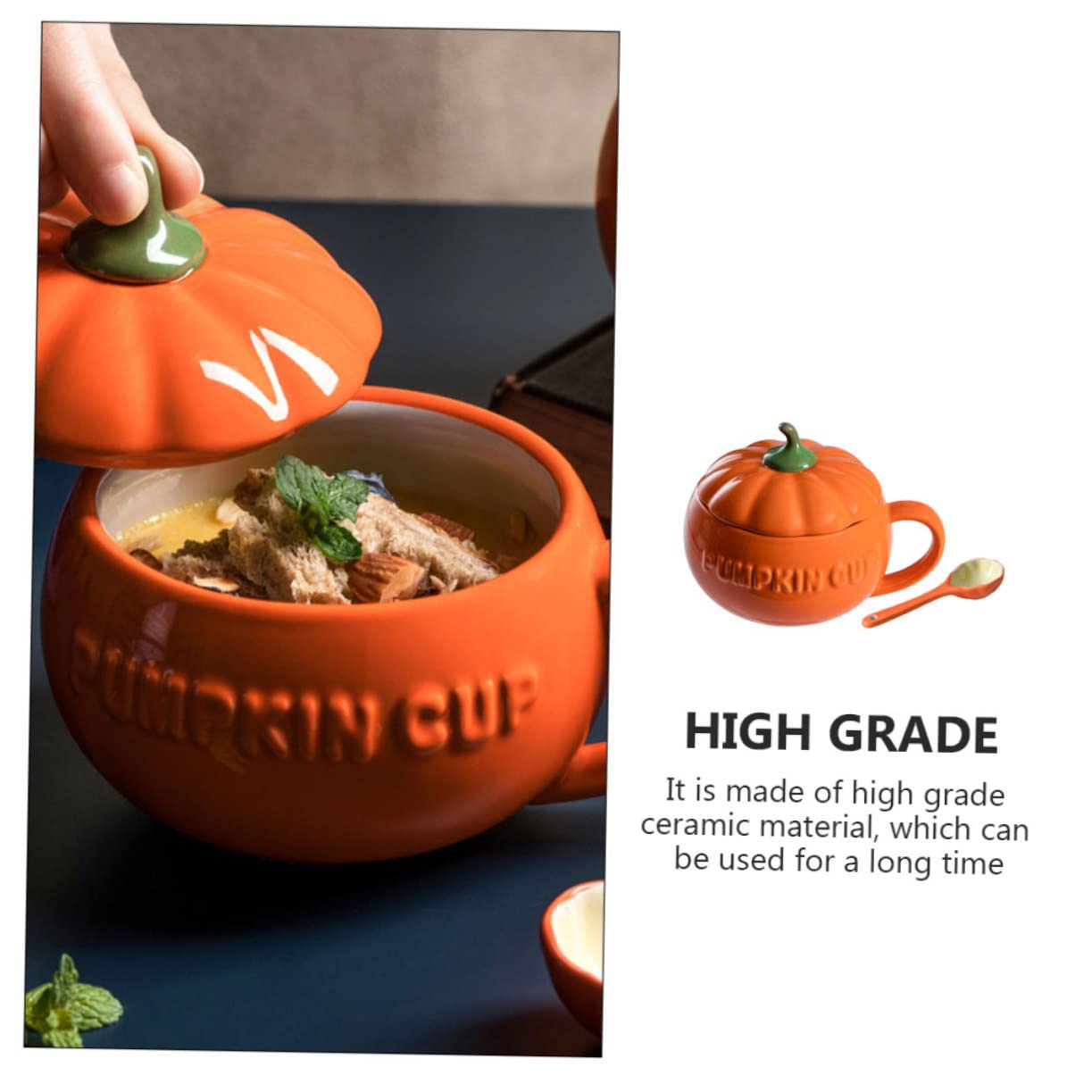 Tazza da Caffè in Porcellana a Forma di Zucca Arancione con Coperchio e Cucchiaio, Design Confortevole la Casa, Sostituto Ecologico delle Tazze di Plastica