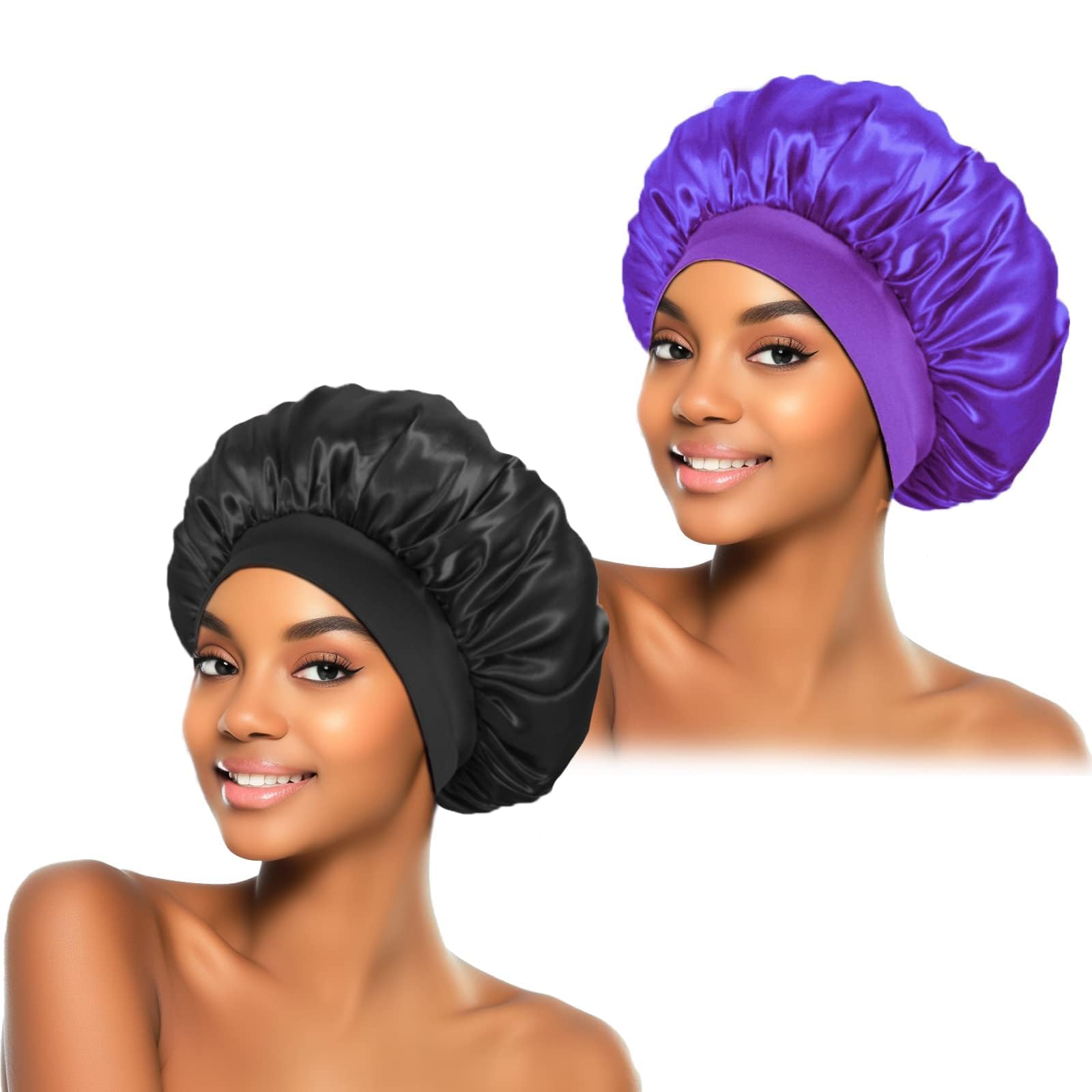 2Pcs Silk Bonnet for Sleeping, Satin Hair Bonnets, Soft Elastic Band Silk Sleep Cap, Hair Wrap for Women(Black Purple)