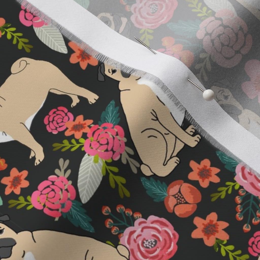 Spoonflower Fabric - Pug Flowers Florals Pugs Pet Dog Dogs Cute Printed on Organic Cotton Sateen Fabric by The Yard - Sewing Quilting Apparel Home Decor